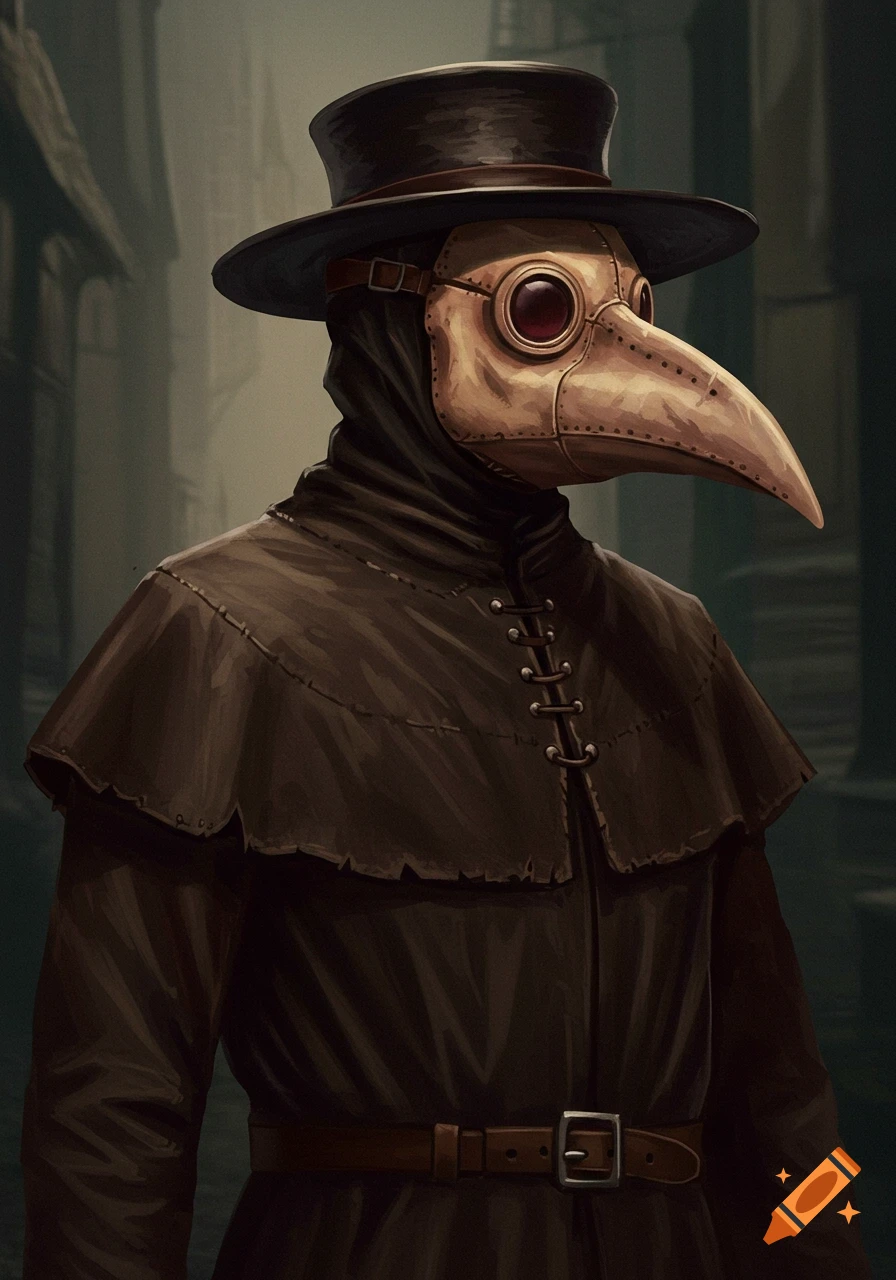 Close-up portrait of a plague doctor wearing a long-beaked mask, hat, and dark coat in a dimly lit setting, digital painting.