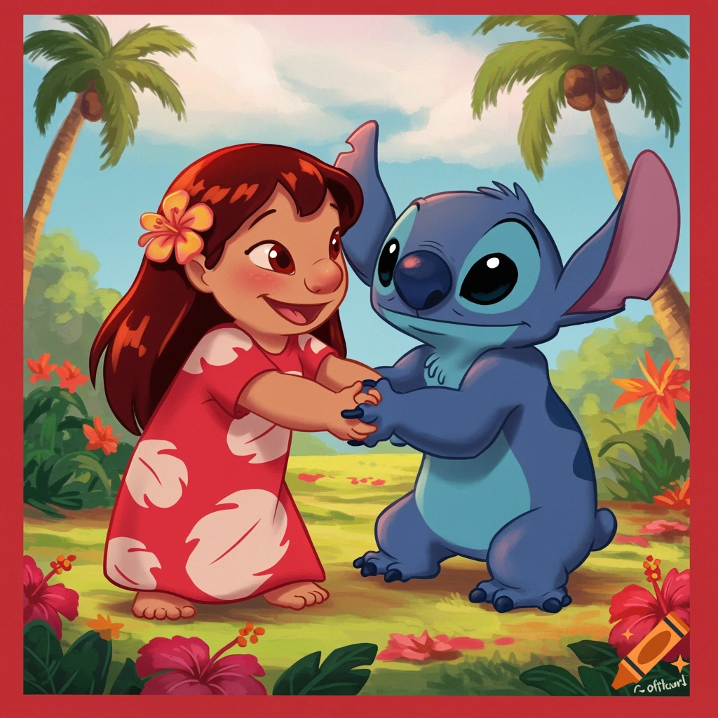 Lilo and Stitch holding hands in a tropical setting.