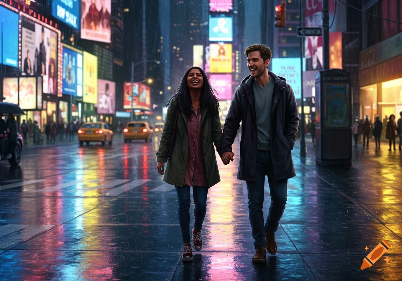 Indian woman and man laughing, walking hand-in-hand down a rainy New York City street at night.