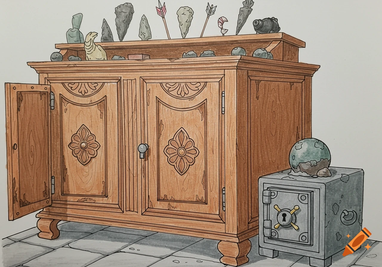Illustration of an old wooden cabinet with a safe beside it, displaying arrowheads and a cannonball.