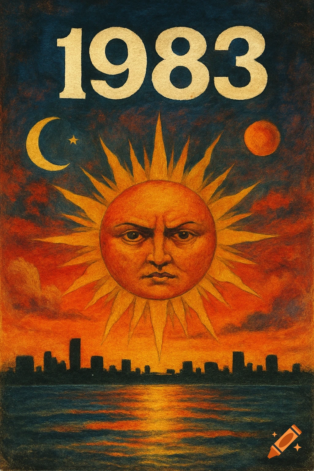 Stylized album cover art featuring '1983' above a sun with a face, celestial bodies, and a city silhouette at sunset.