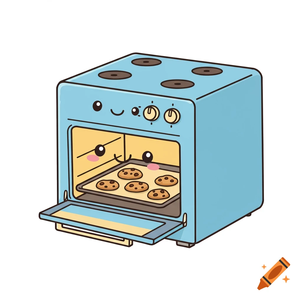 A cute blue cartoon oven with a face bakes chocolate chip cookies.