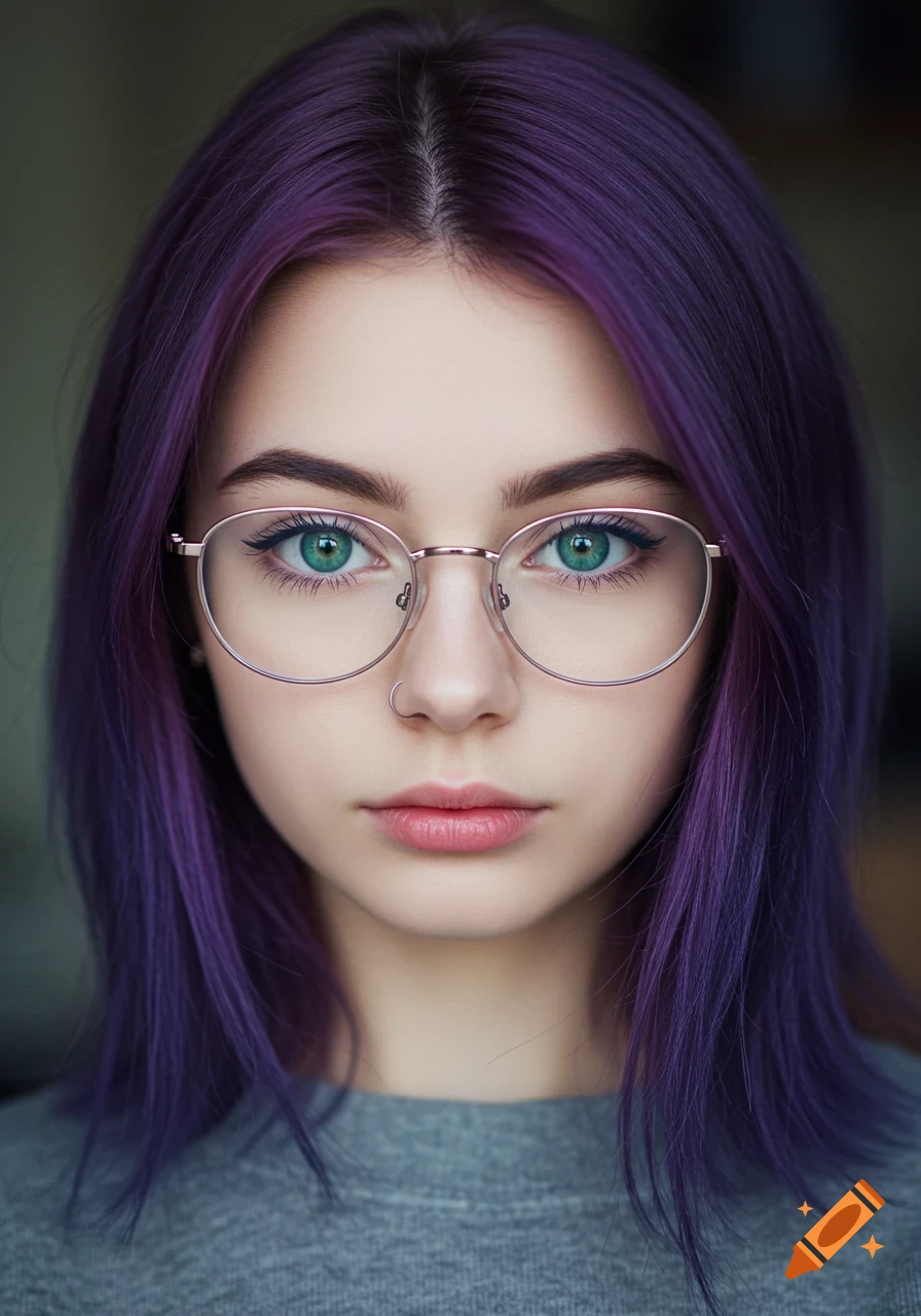 Close-up portrait of a young woman with purple hair, green eyes, and ...
