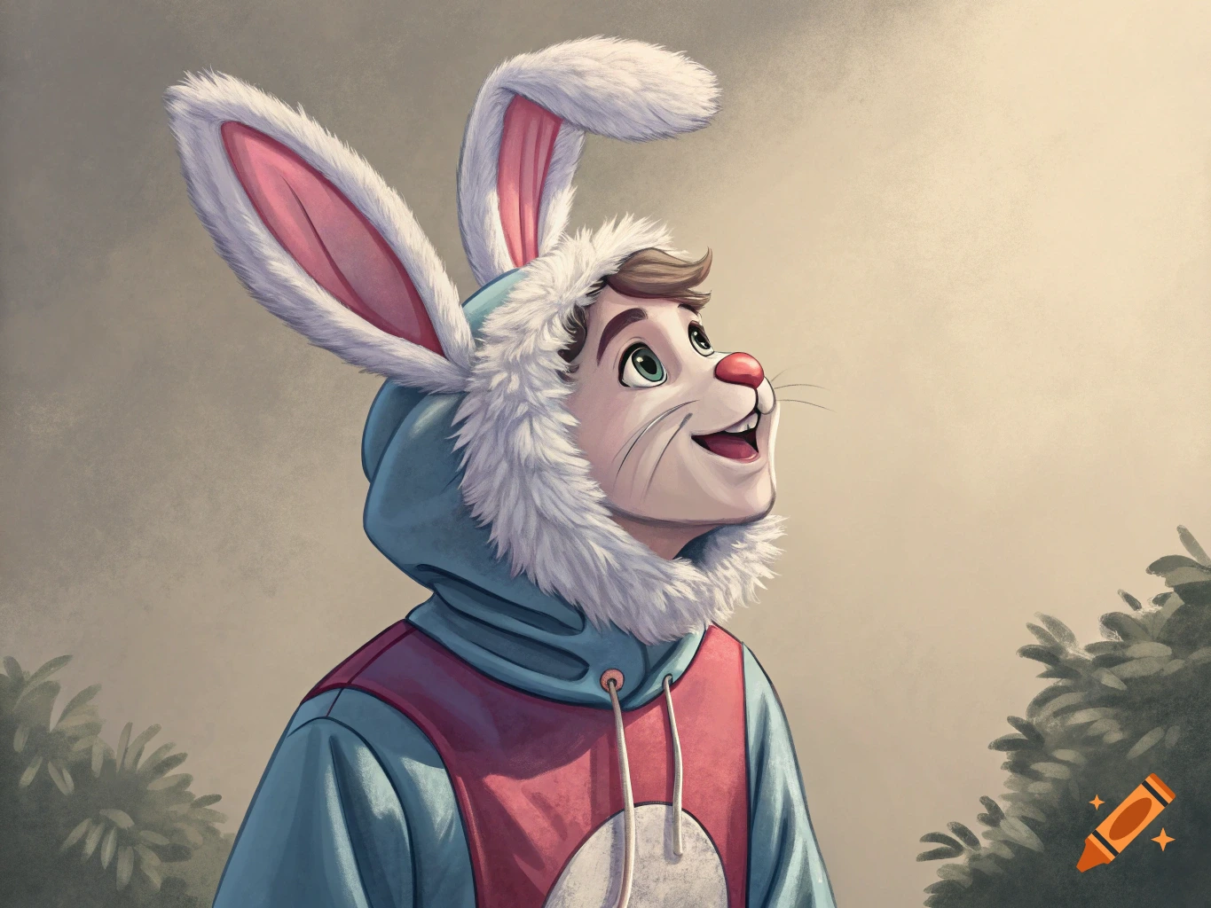 An illustration of a person wearing a rabbit costume hood looking up.