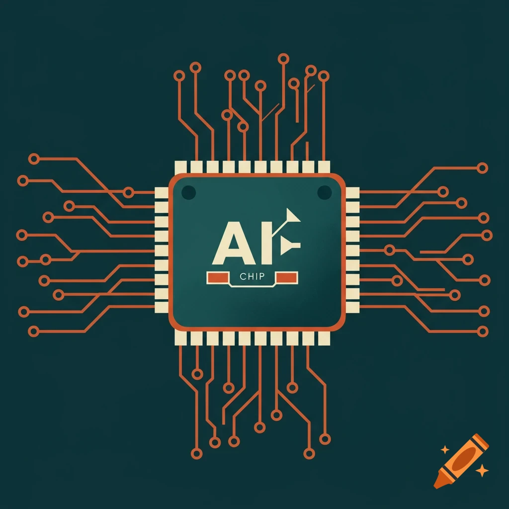 Vector illustration of an AI chip with circuitry in mid-century style