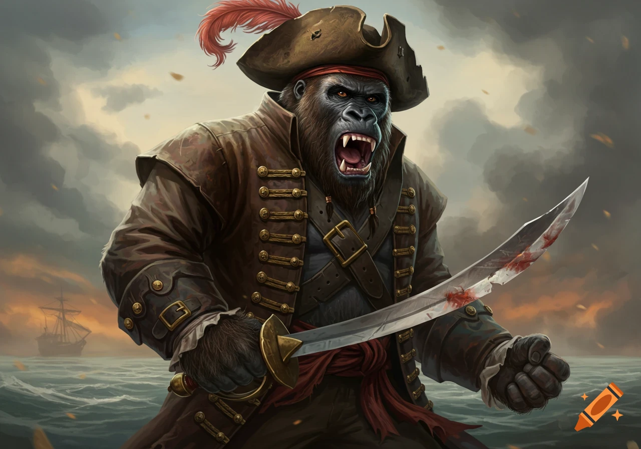 A gorilla pirate in a brown coat holds a bloody cutlass against a stormy sea background with a ship.