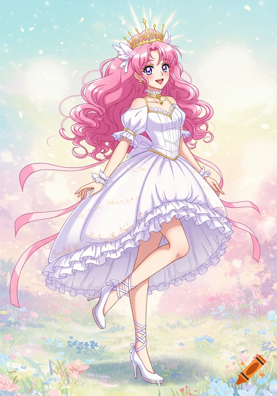 A pink-haired anime girl wearing a crown and frilly white dress stands in a bright, flowery field.