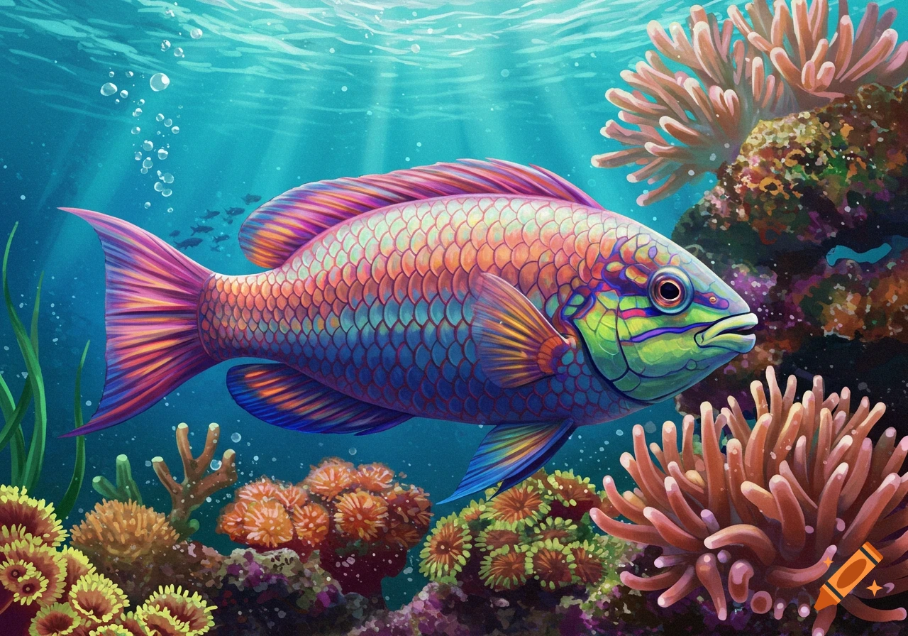 A colorful parrotfish swims among coral and anemones in a vibrant underwater illustration.