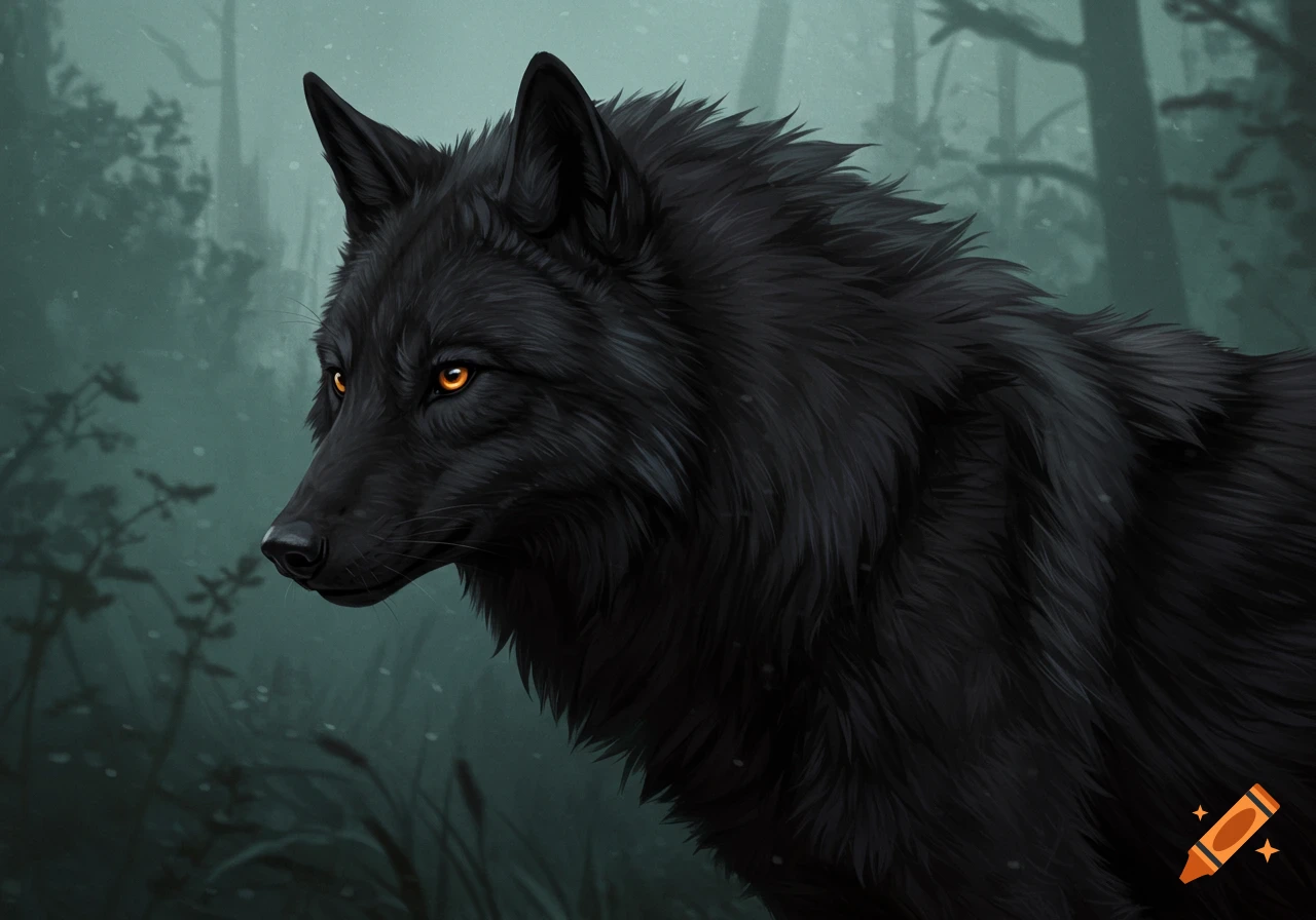 Close up of a black wolf with bright orange eyes in a misty forest.