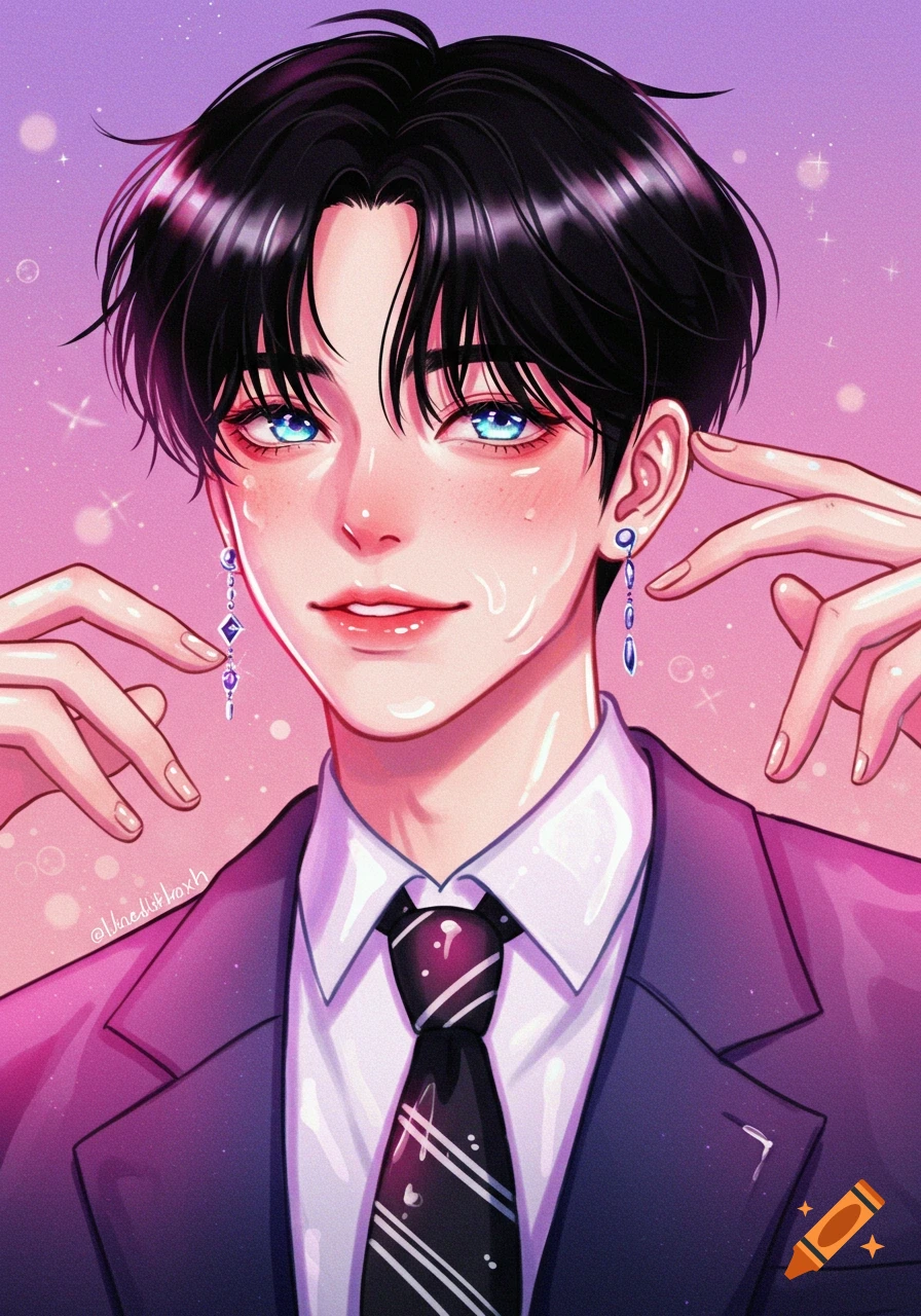 Illustration of a man in a suit with blue eyes and black hair, in a manhwa style.
