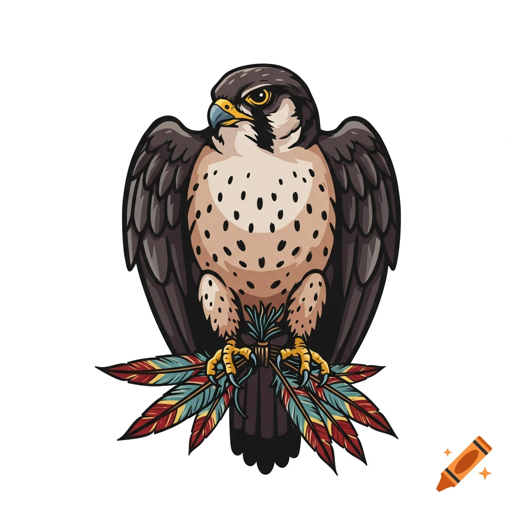 Stylized vector illustration of a falcon clutching tribal feathers.