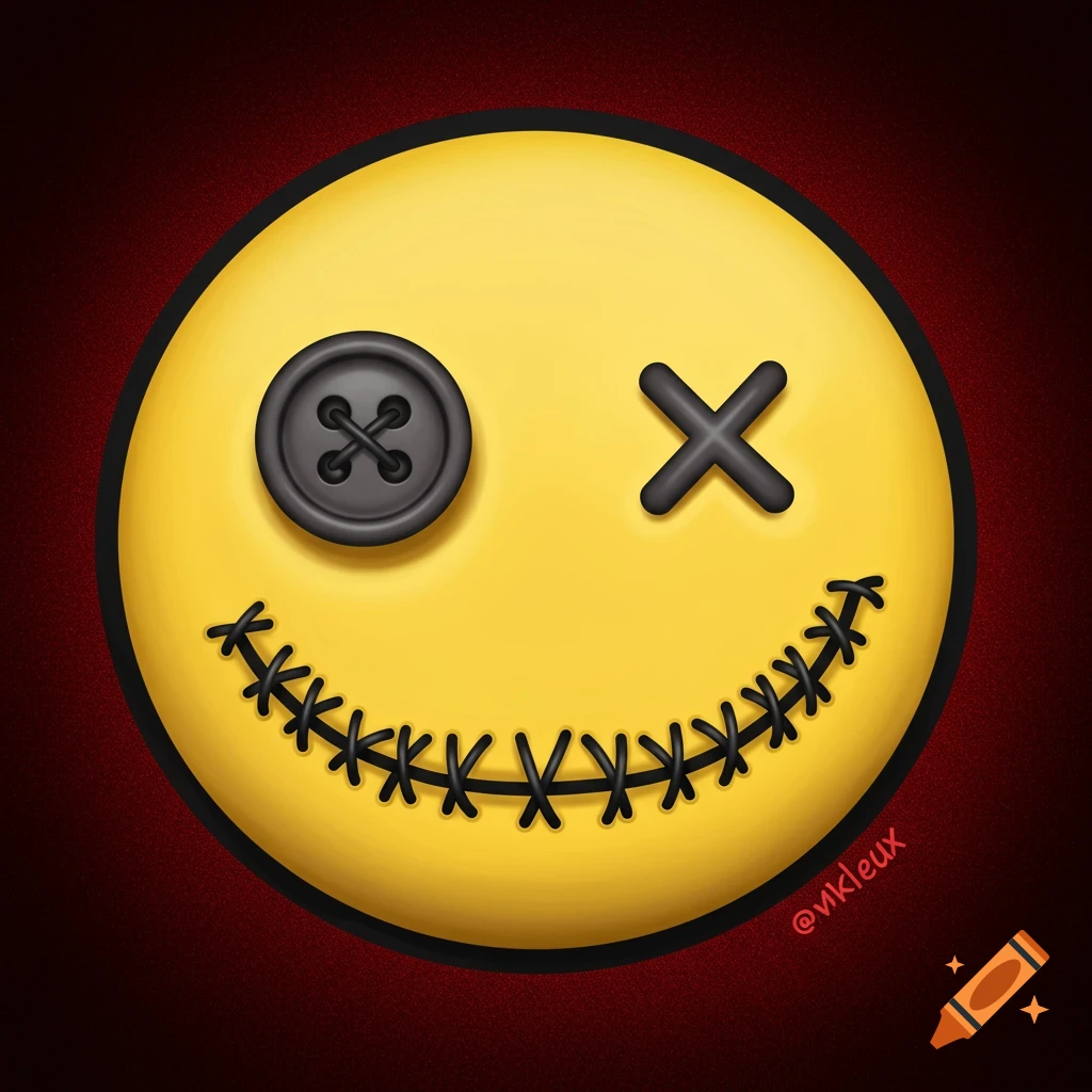 A creepy yellow smiley face with a button eye, an X eye, and a stitched mouth on a red background.