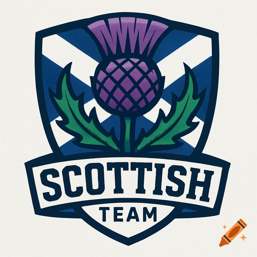 A graphic sports logo shield featuring a thistle and Scottish flag, with "SCOTTISH TEAM" text.