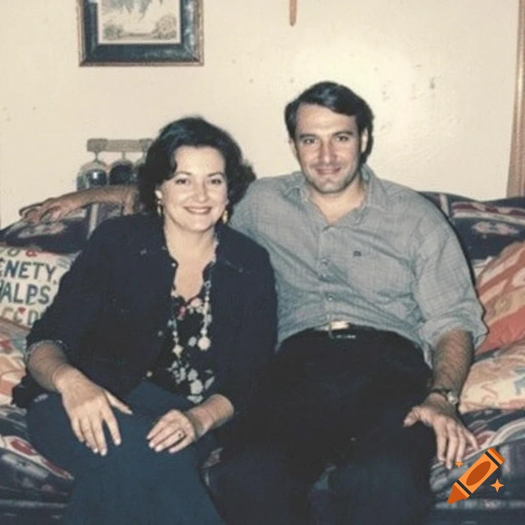 A couple sits on a couch in a vintage photo from the 1970s.
