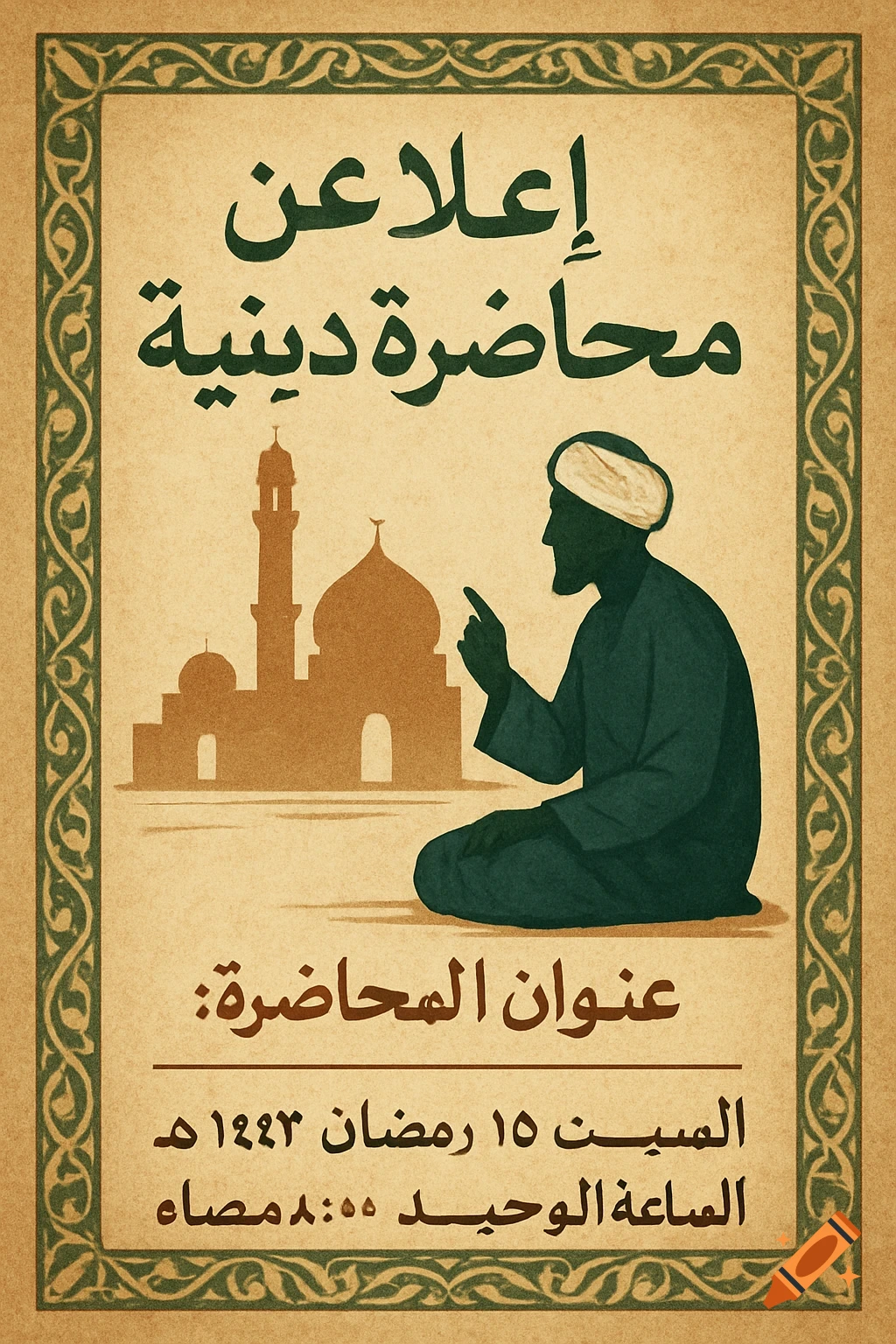 Vintage style poster announcing a religious lecture with a kneeling man and a mosque silhouette.