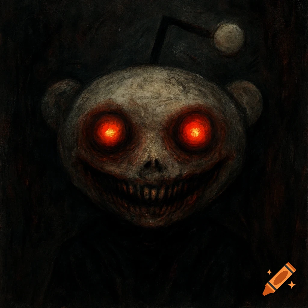 Creepy, distorted Reddit alien head with glowing red eyes and a sharp toothy grin in a dark, horror style.