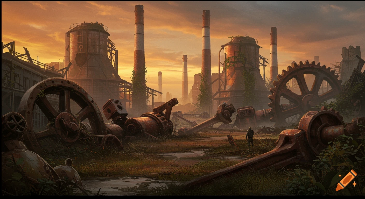 A lone figure walks through a post-apocalyptic steampunk industrial wasteland with huge gears and smokestacks at sunset.