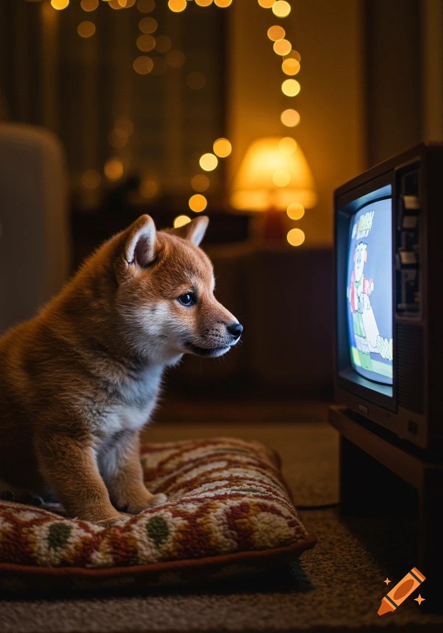 A Shiba Inu puppy sits on a cushion watching a cartoon on a vintage television in a dimly lit room with string lights.