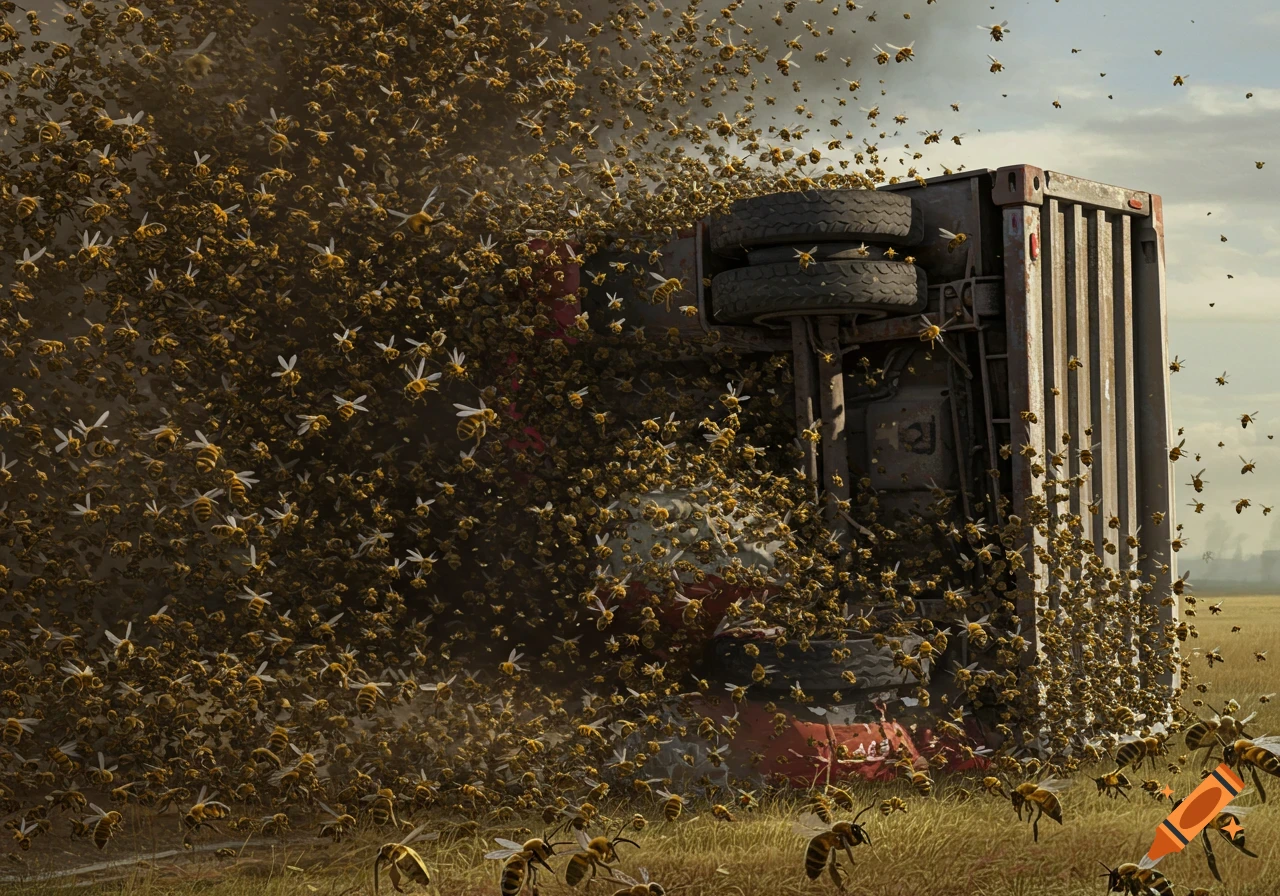 A massive swarm of bees overwhelms an overturned truck in a field, photorealistic style.