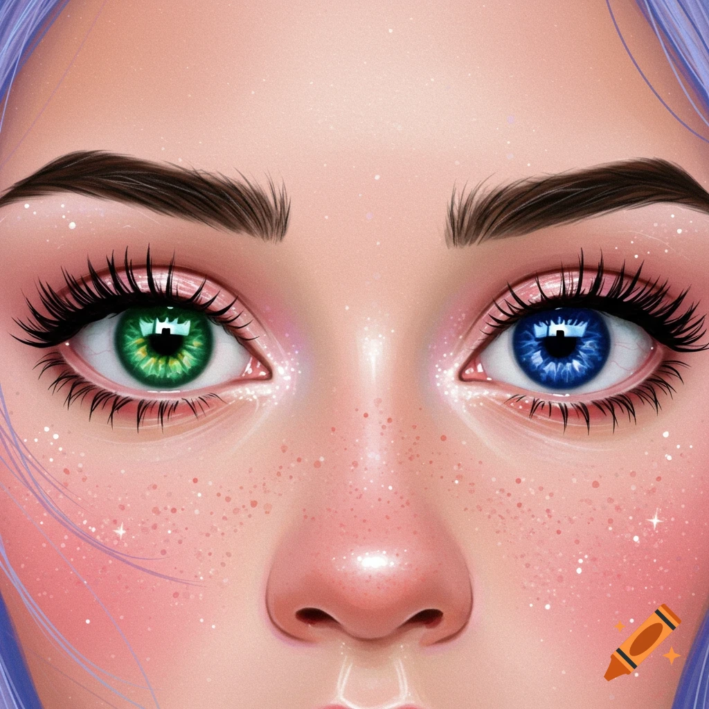 Close-up illustration of a face with one green and one blue eye, sparkling makeup