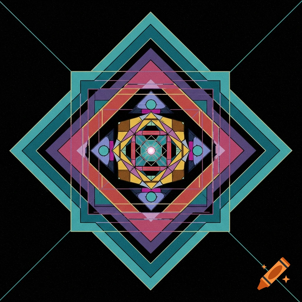 Colorful geometric pattern on a black background, like a late 70s or early 80s album cover.