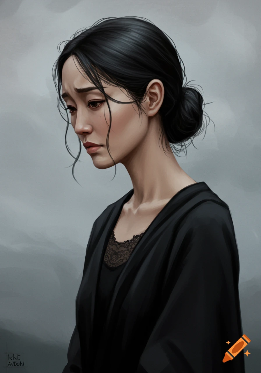 Painterly portrait of a woman with black hair in a bun, wearing a black dress, looking down sadly.