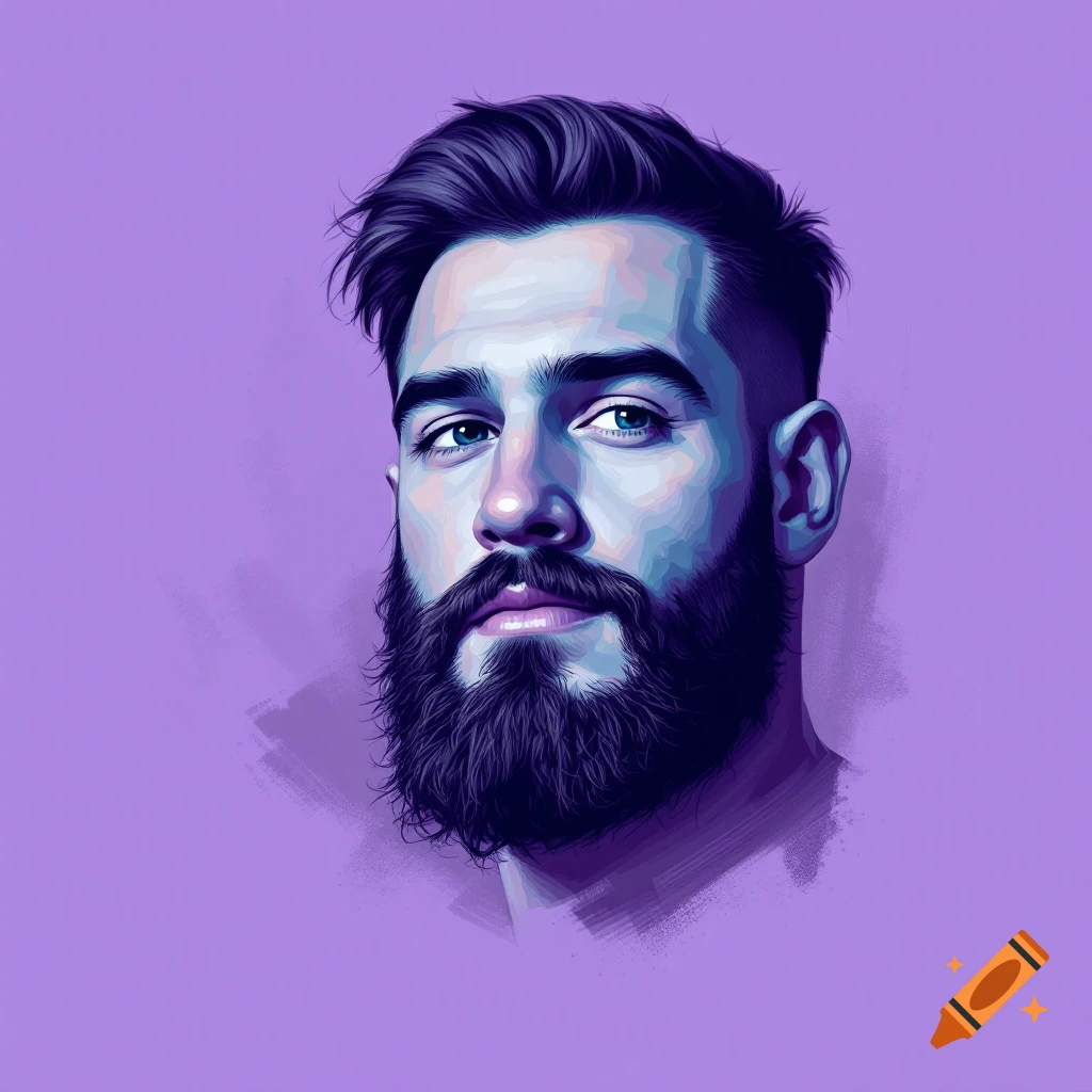 Digital art portrait of a man with a beard against a purple background.