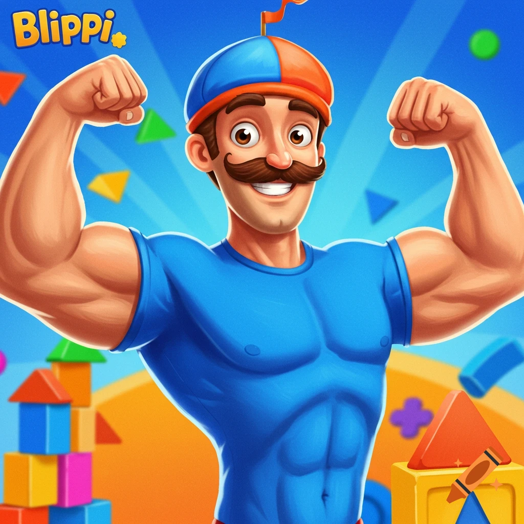 Cartoon-style muscular character resembling Blippi with a mustache flexing in a colorful background with blocks and shapes.