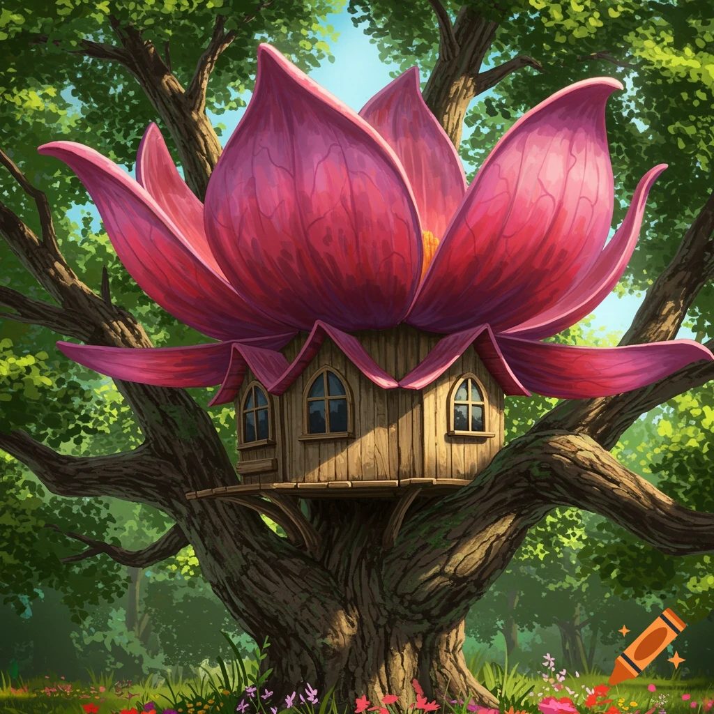 A fantasy treehouse built into a large tree, with a giant pink flower serving as the roof, set in a forest.