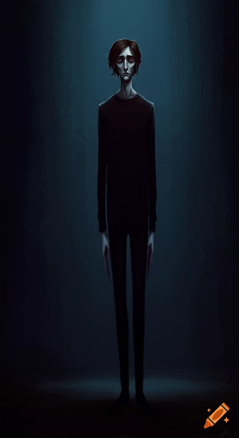 Stylized illustration of a thin, sad figure with long fingers standing in darkness.