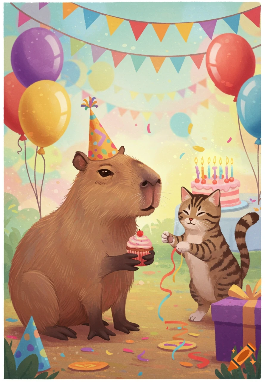 Illustration of a capybara and a cat at a birthday party with balloons and cake.