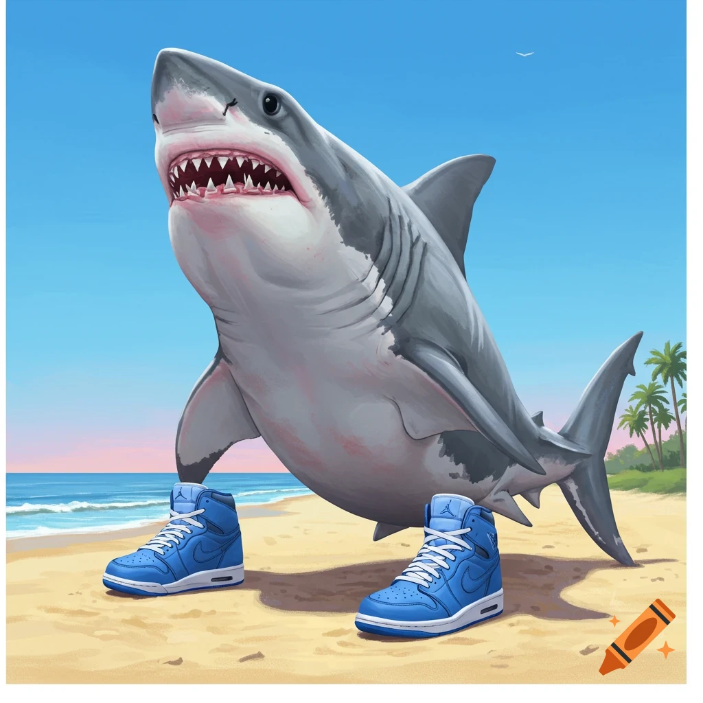 An illustration of a great white shark standing on a beach wearing three blue high-top sneakers.