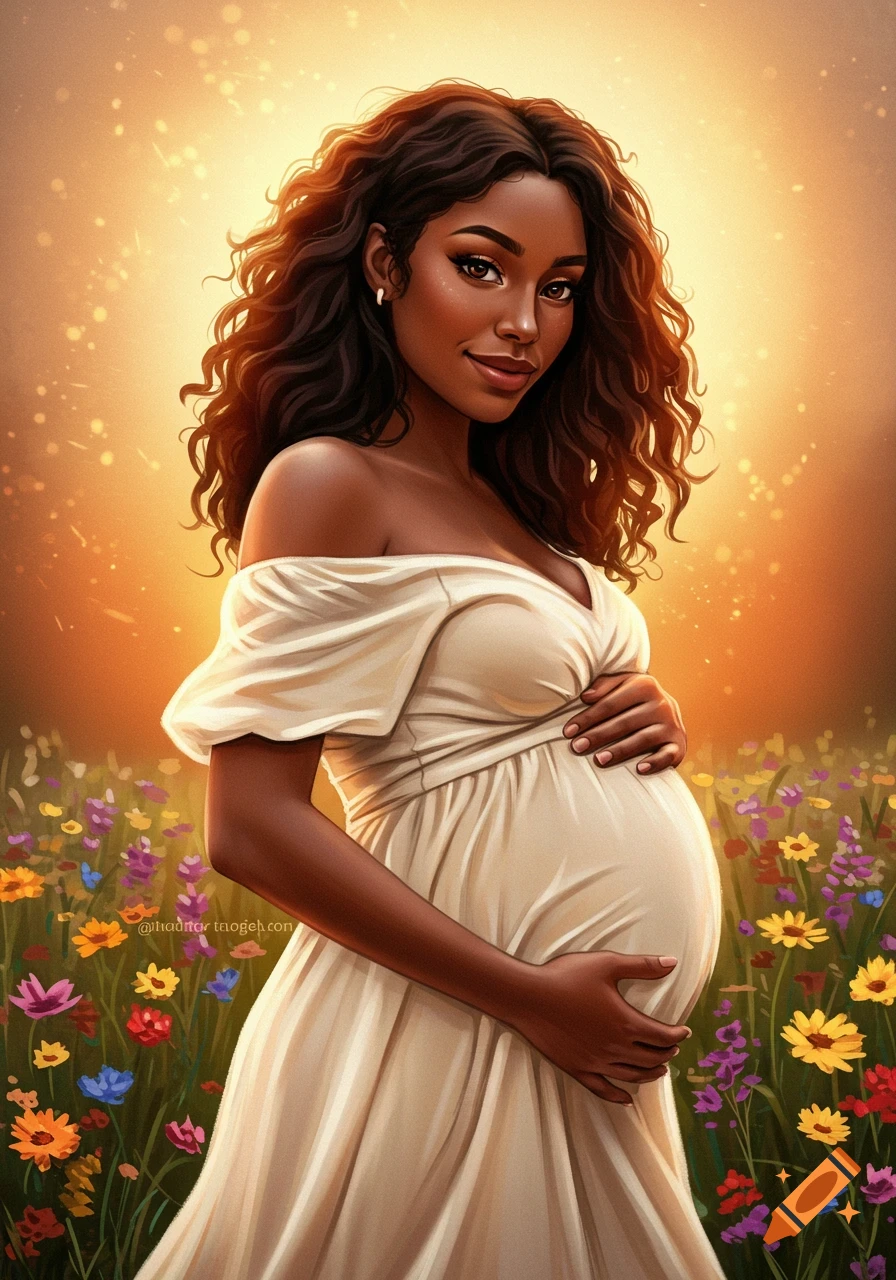 A pregnant woman in a white dress stands in a field of flowers, holding her belly, with a bright, glowing background.