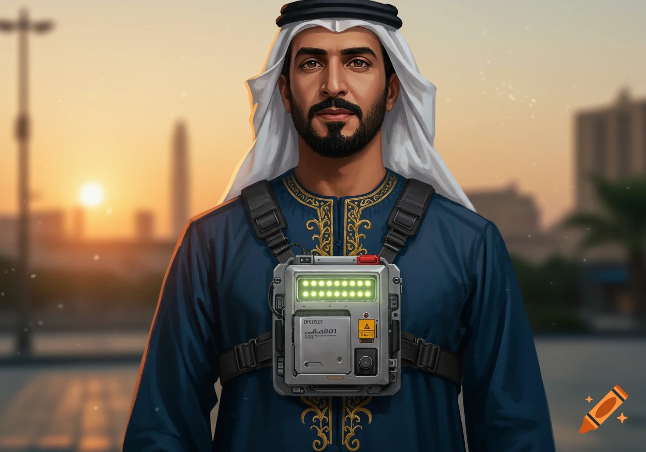 Arabic man in traditional dress and sci-fi vest against sunset city background.