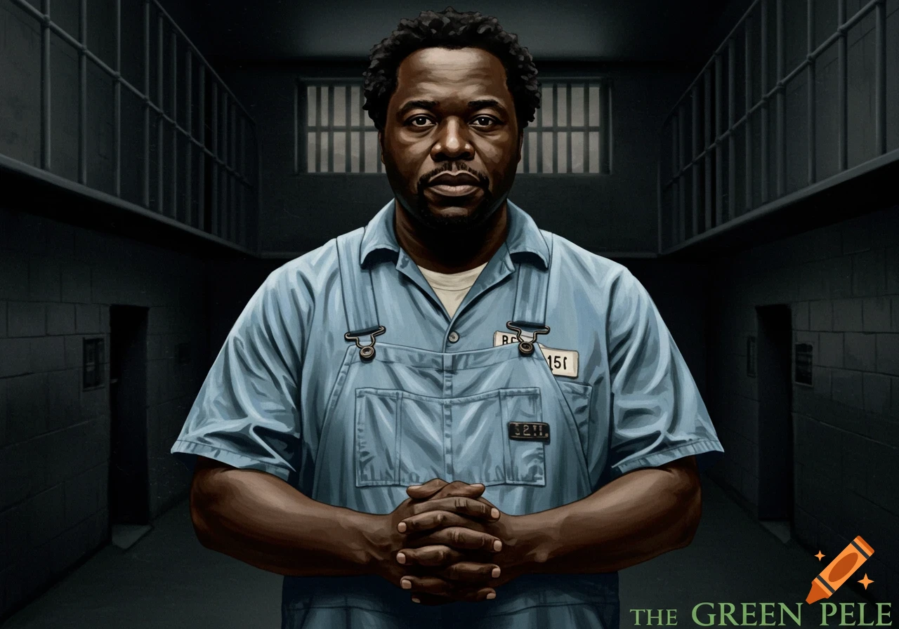 Illustration of a man in a blue prison uniform standing in a dark prison corridor.