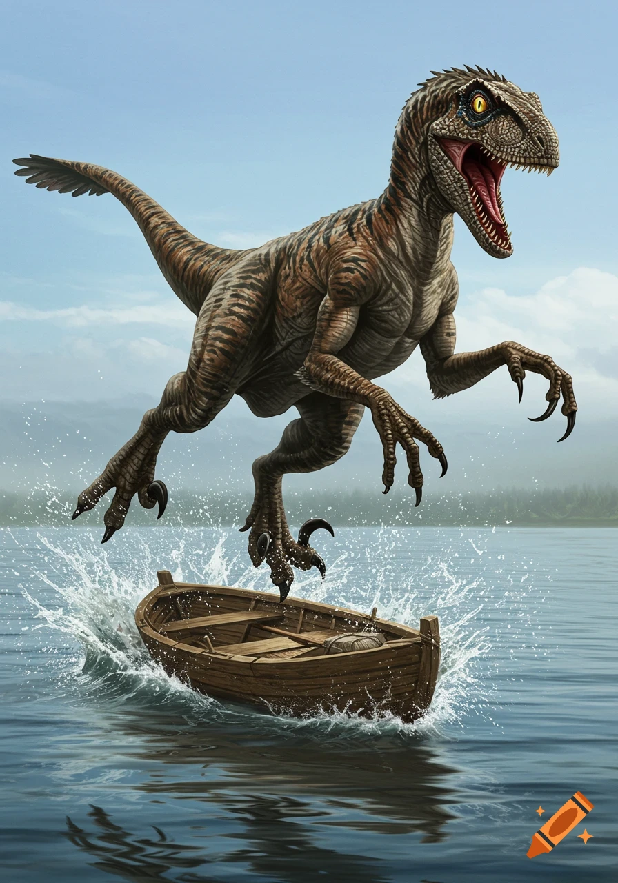A muscular raptor dinosaur leaps onto a small wooden boat in choppy ...