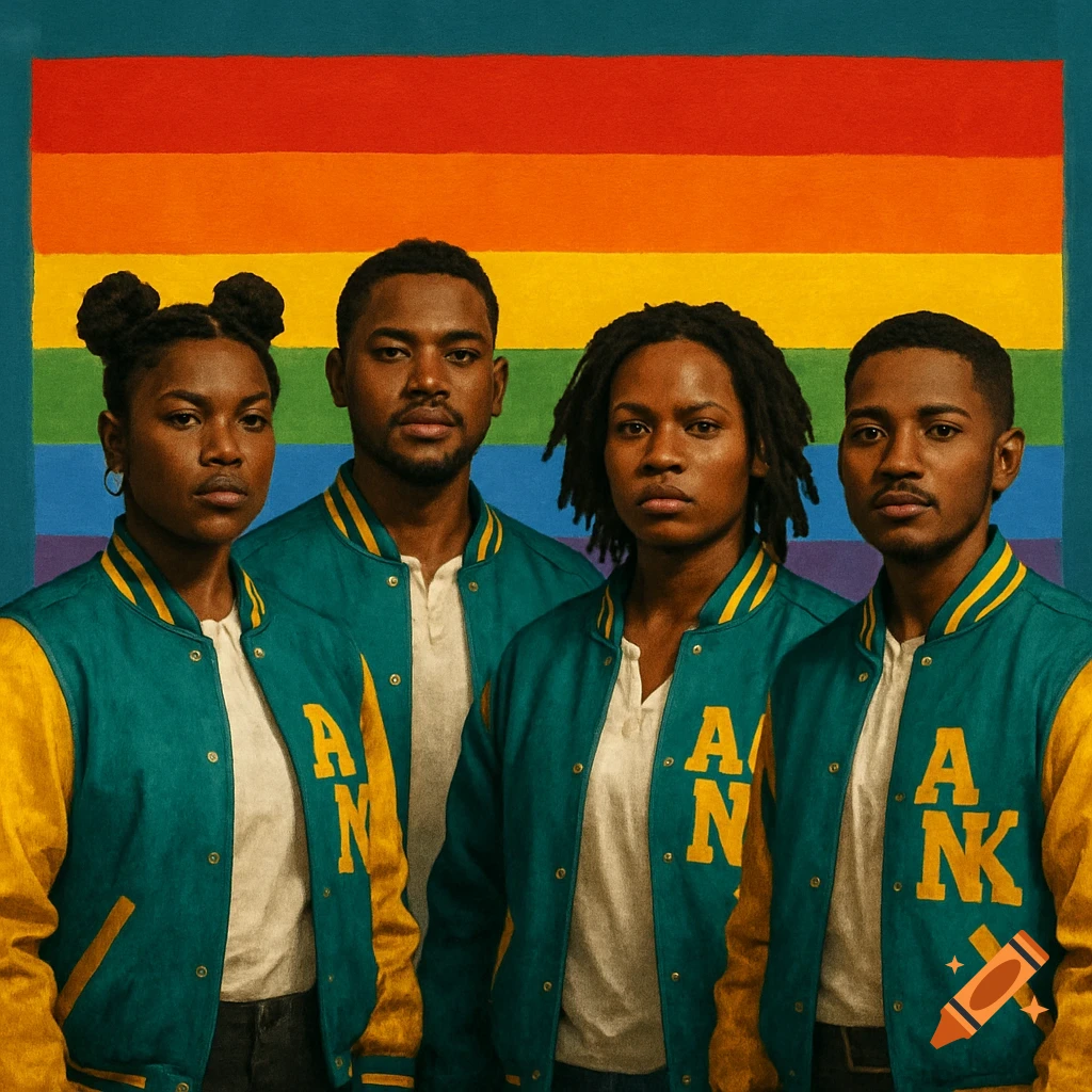 Four people in turquoise and gold letterman jackets stand in front of a rainbow flag.