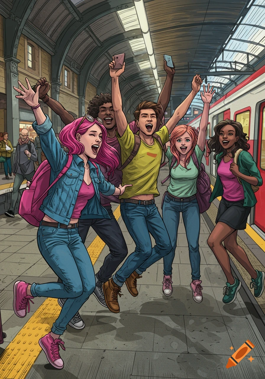 A group of young people jumps and celebrates at a train station platform, illustrated in a comic book style.