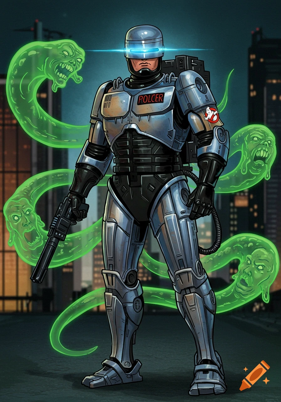 Robocop in Ghostbusters uniform and gear battling green ghosts in a city.