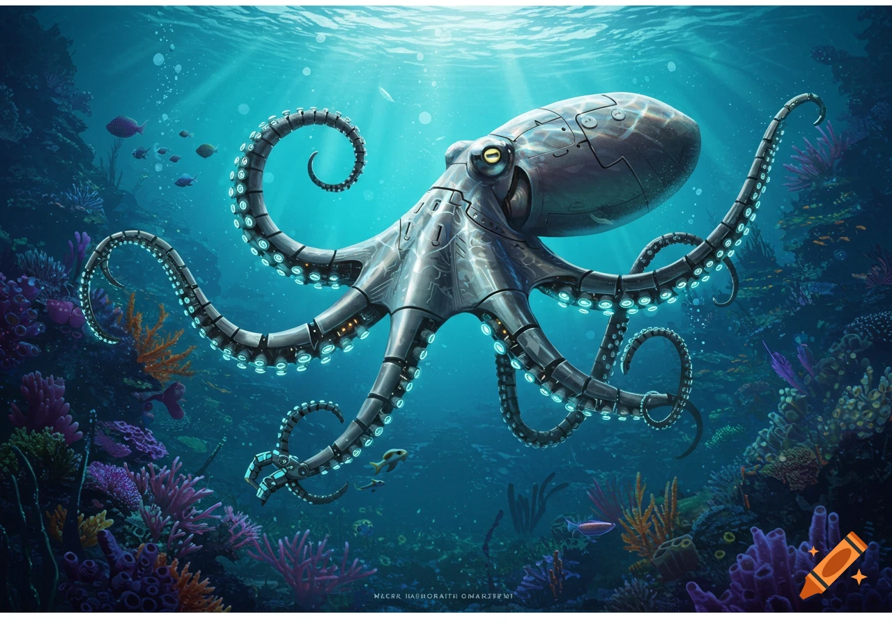A metallic robot octopus swims in a sunlit ocean reef.