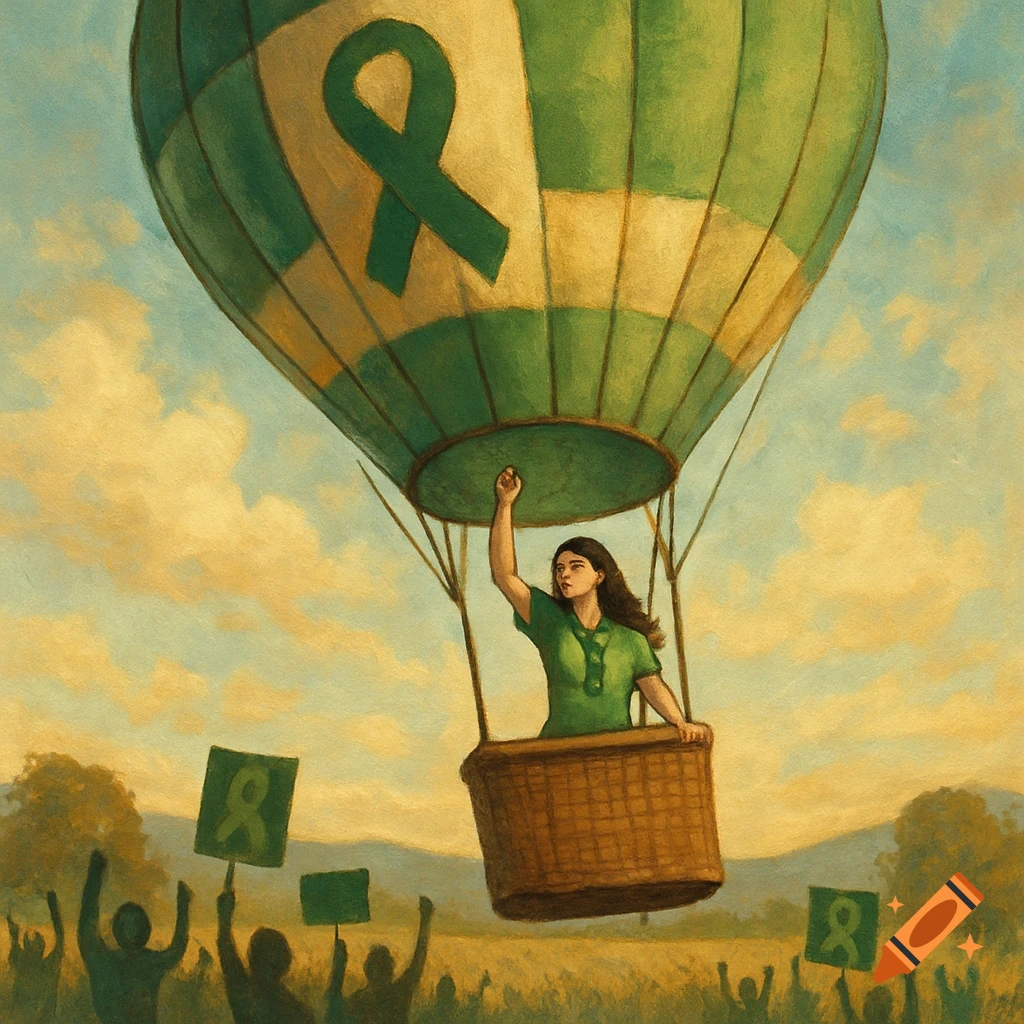 Painting of a person in a hot air balloon with a green ribbon symbol, ascending over a field with a cheering crowd holding signs with the same symbol.