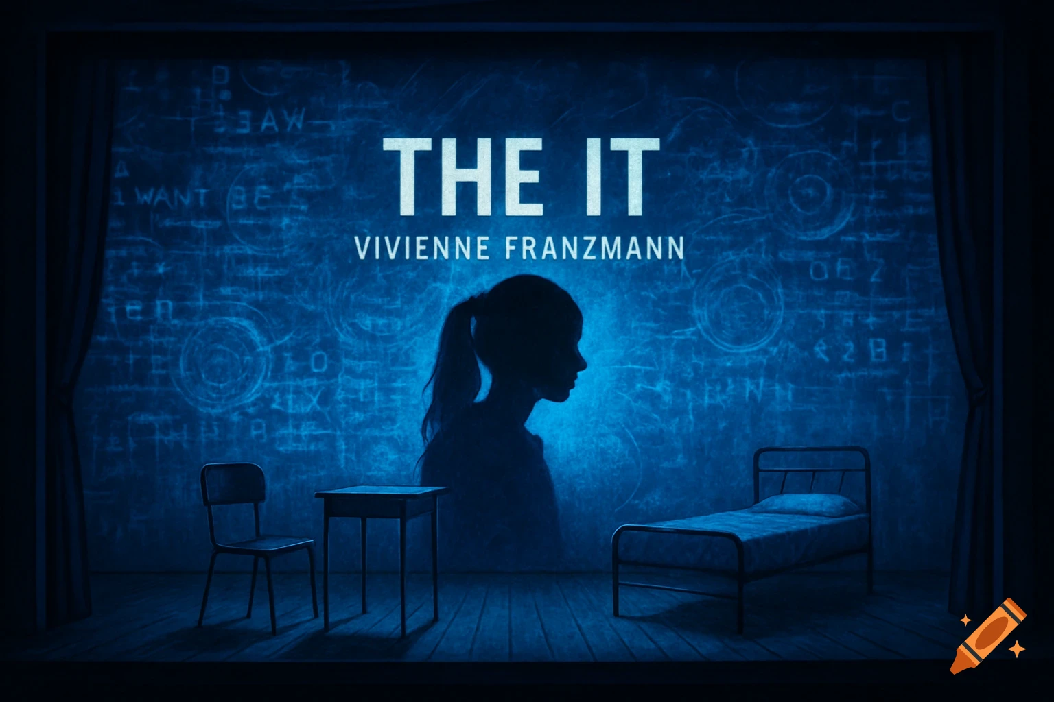 Dramatic blue-lit stage with a chair, table, and bed, a silhouette of a person, and projected text 'THE IT by VIVIENNE FRANZMANN' on the background.