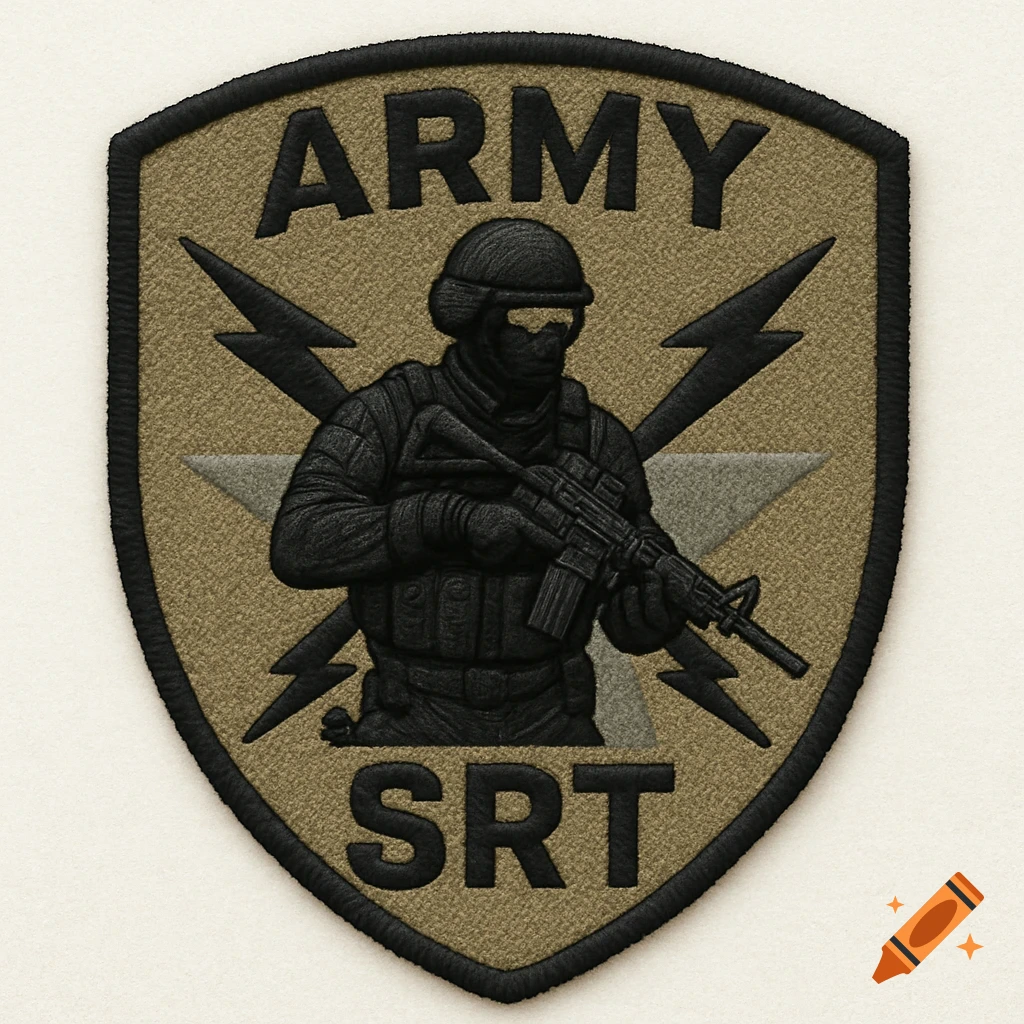 Embroidered military patch with ARMY and SRT text, featuring a soldier.