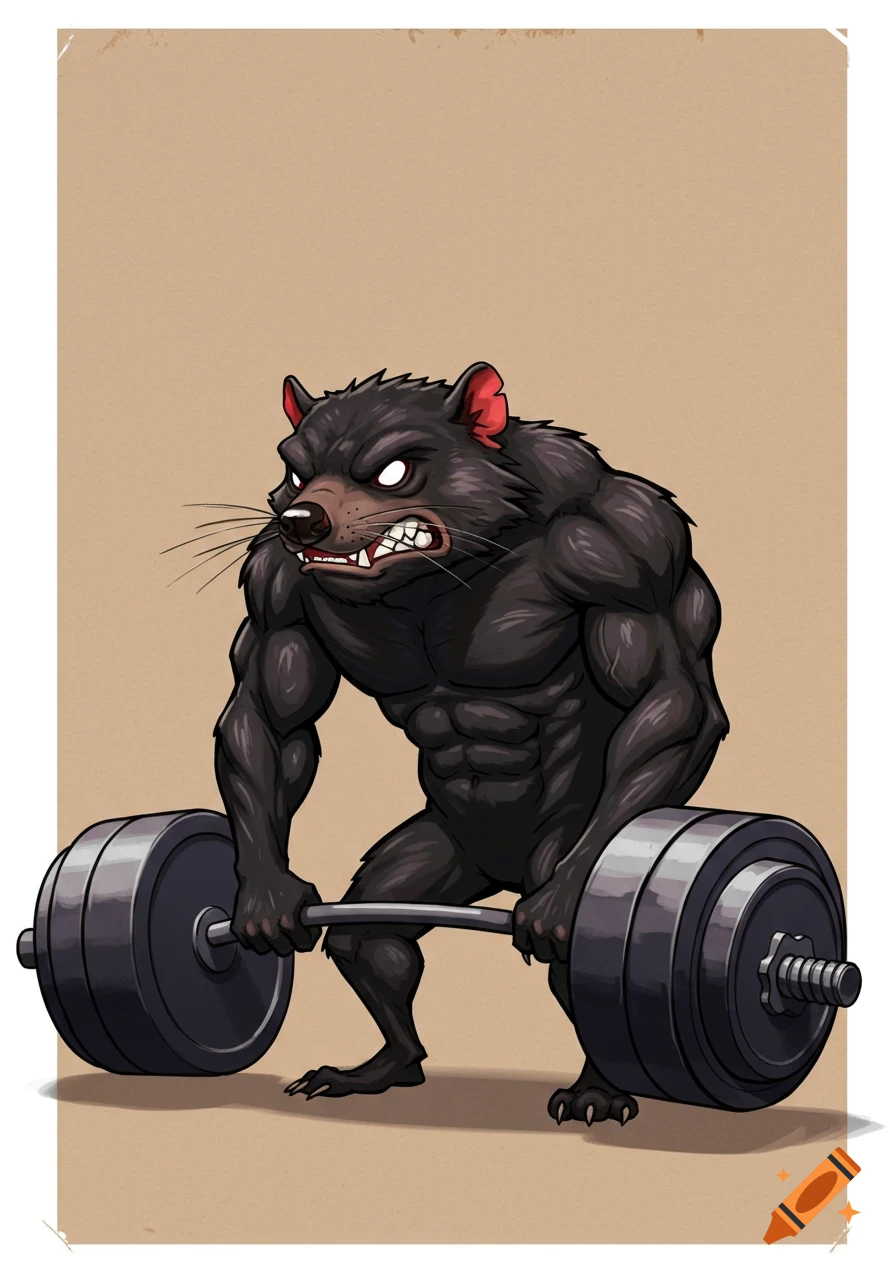 Cartoon of a muscular black Tasmanian devil lifting a barbell.