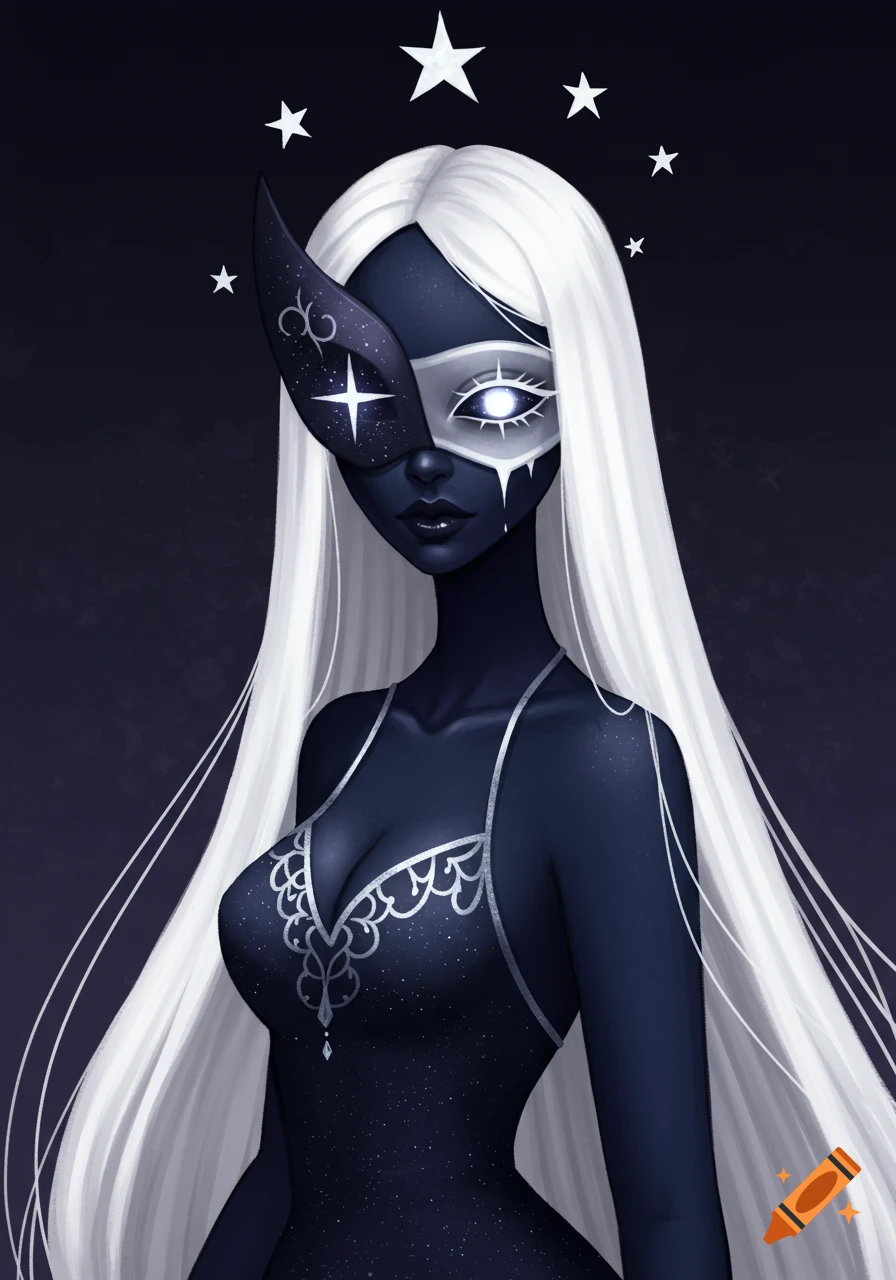 Fantasy portrait of a woman with dark skin, white hair, and a starry mask and dress.