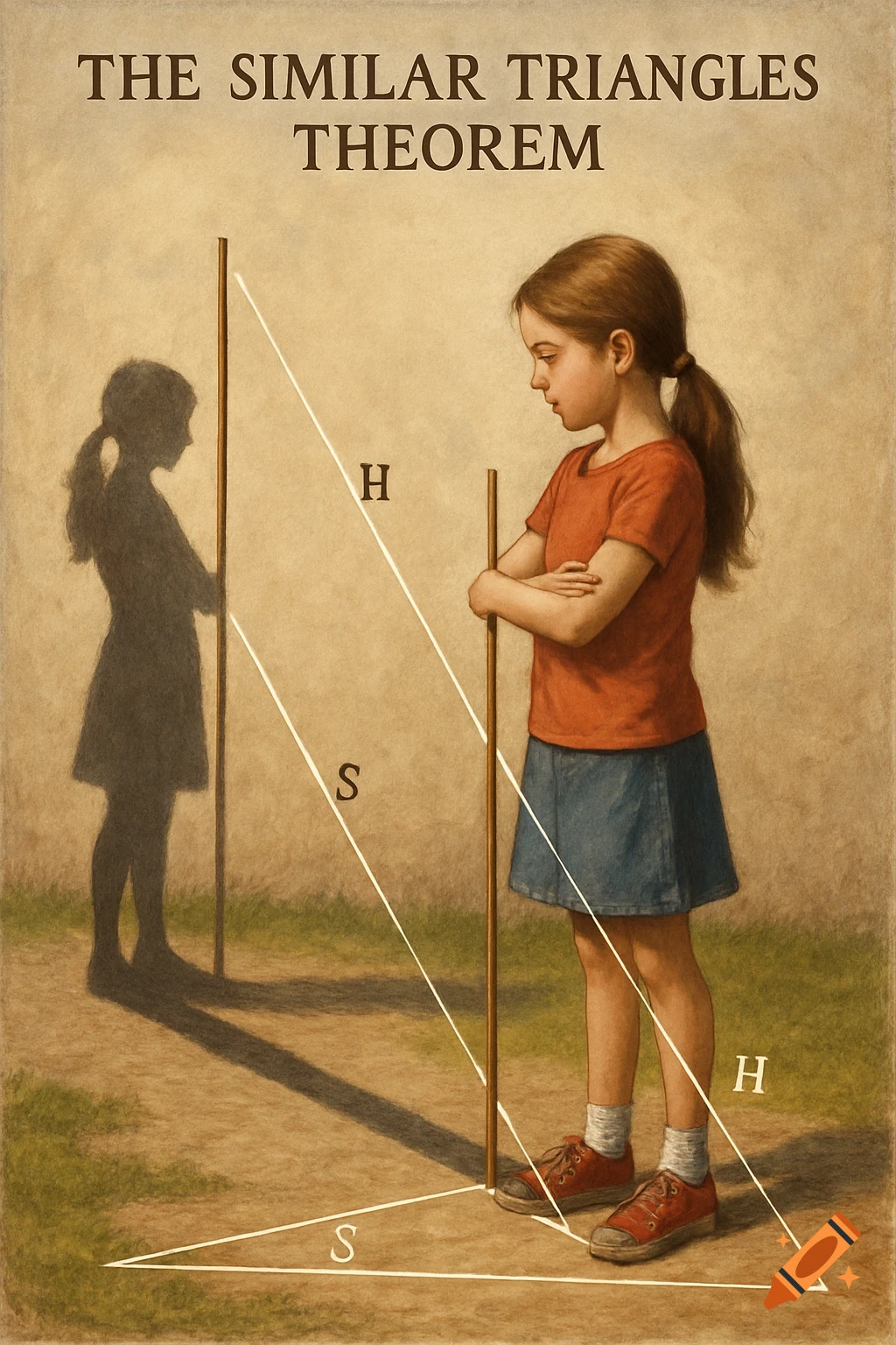 Illustration of a girl and her shadow used to demonstrate the similar triangles theorem, with text labels H and S.