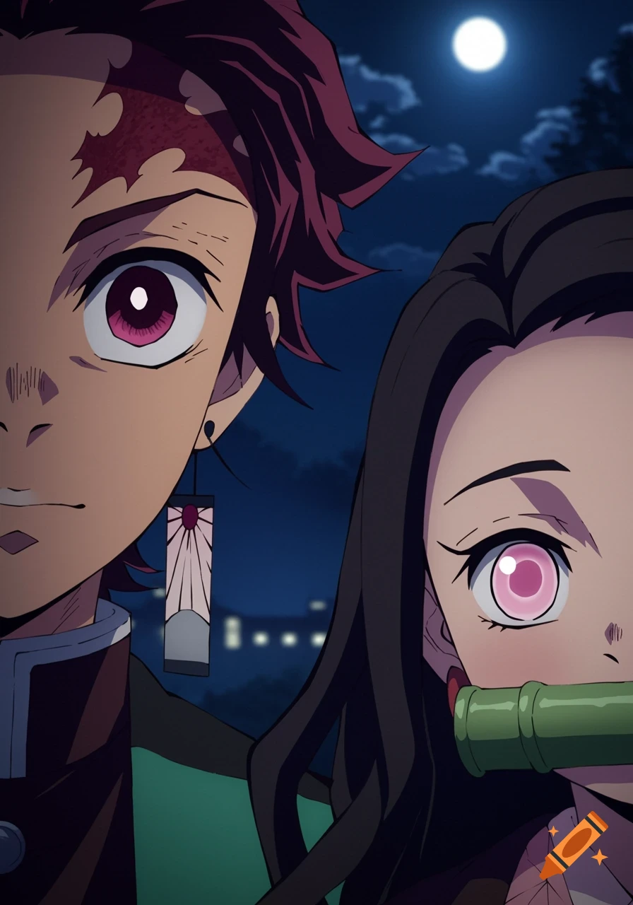 Close-up of anime characters Tanjiro and Nezuko at night