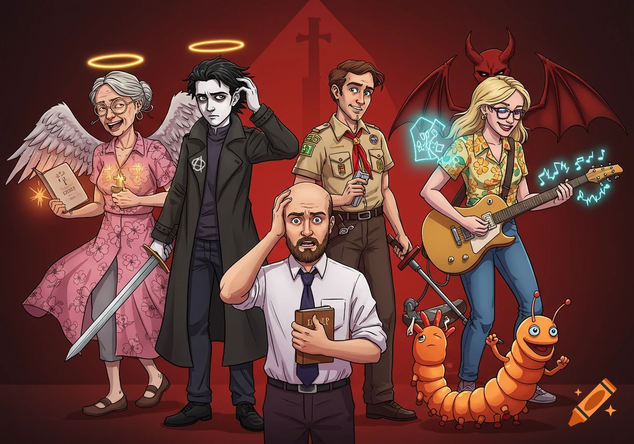 Cartoon group portrait of characters including a man with a Bible, an angel, a goth, a scout, a musician, and a caterpillar puppet.