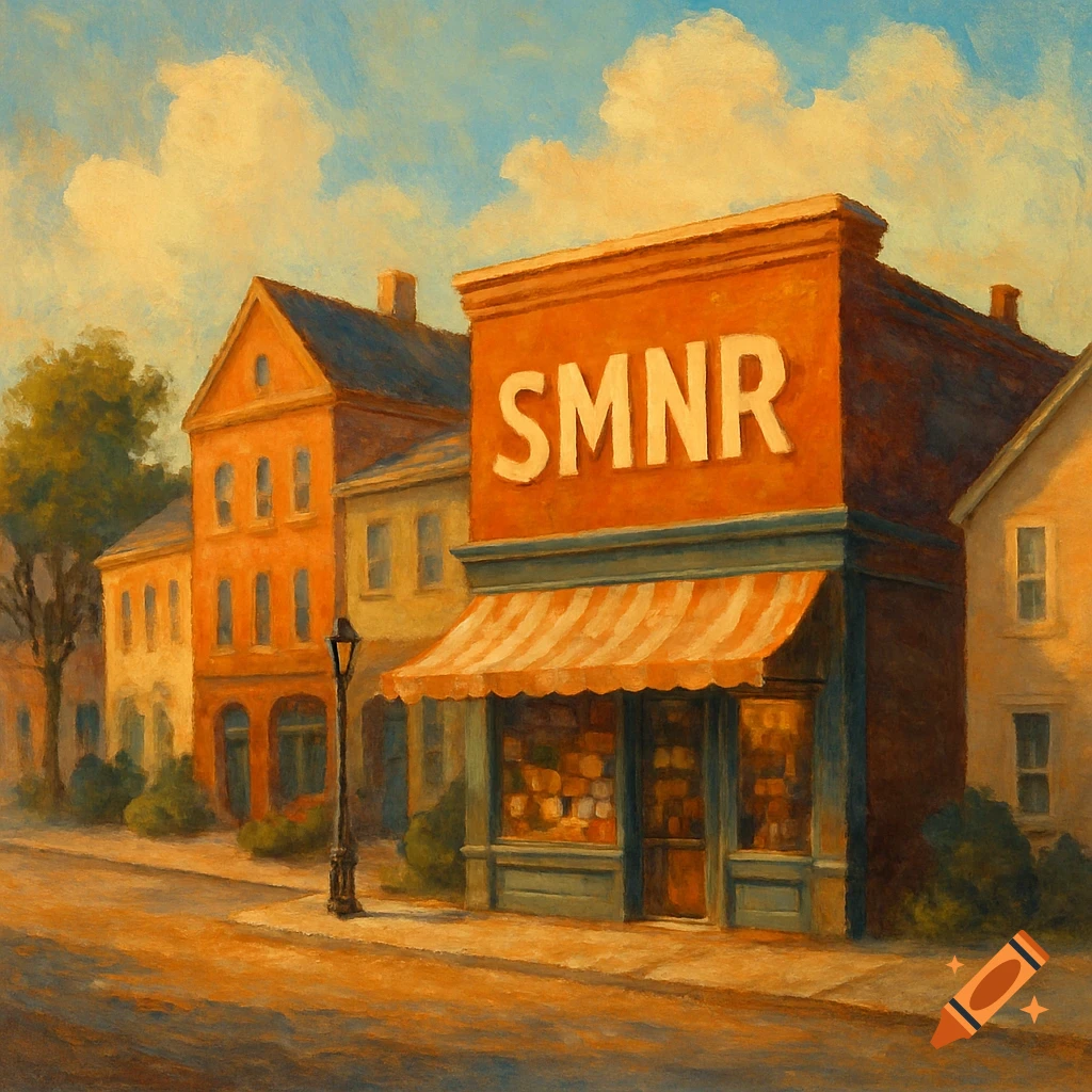Painting of buildings and a store with SMNR on the facade along a sunlit street.