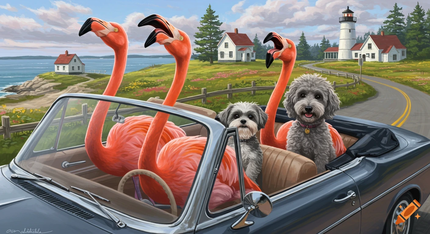 Three flamingos and two dogs ride in a convertible on a coastal road past houses and a lighthouse, in a painterly style.